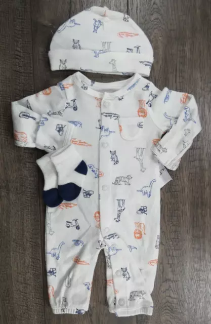 Baby Boy Clothes New Carter's Preemie 3pc Zoo Animals Outfit w/Hat & Socks