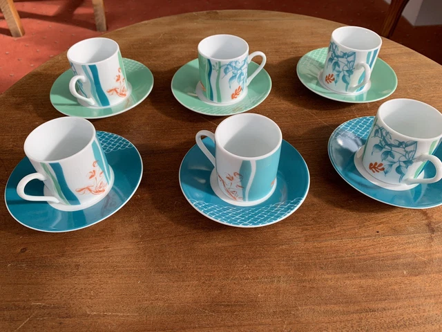 SILEA FINE PORCELAIN Espresso Cups & Saucers X 6 Gold Fish Design £19. ...