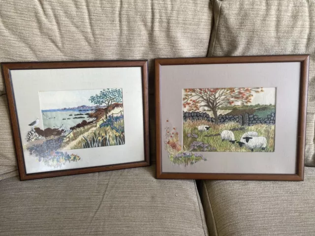 Vintage Woollen Embroidery Framed Pictures Wall Hanging Vgc X2