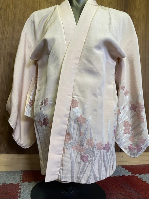 Japanese Kimono Coat Haori Urushi Silk ,Cream Pink Flower, antique