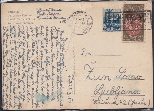 Italy Trieste Zone A 25.9.1950. To Ljubljana Slovenia Bended Postcard