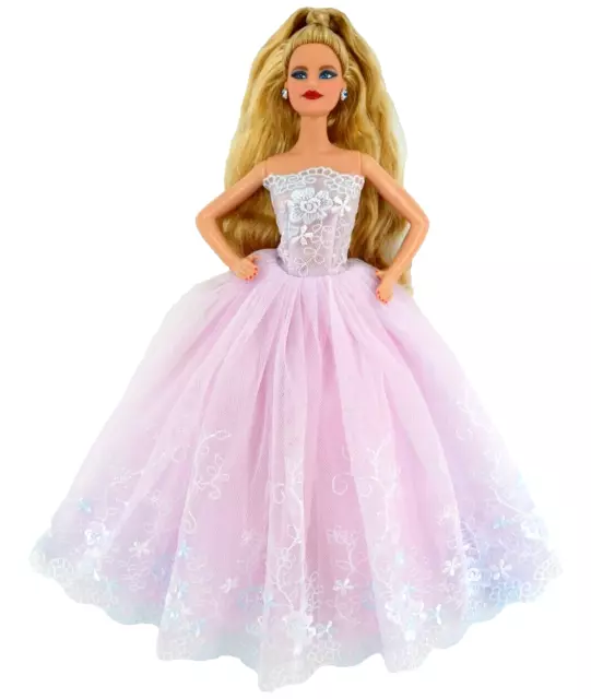 New Barbie Doll Clothes PINK LACE DRESS EMBROIDERED TULLE EVENING GOWN