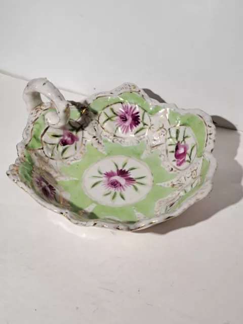 Vintage Green With Purple Flowers Hand Painted Handled Bowl 6.75"