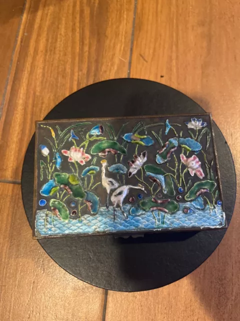 Antique Chinese Export Repousse Enamel Storks Lotus Flowers Hinged Lidded Box