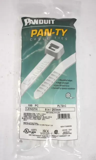 Panduit PLT2I-C 8" Pan-ty Cable Ties 203 mm Natural Nylon High Strength 100 Pack