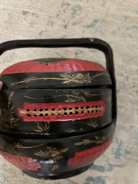Antique Chinese 2 Compartment Wedding Basket Black Red - 10” X 10”