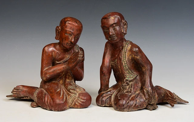19th Century, Mandalay, A Pair of Antique Burmese Wooden Seated Disciples