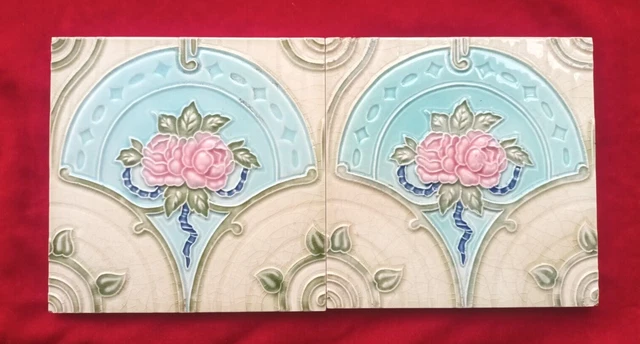 2 Piece Art Deco Floral Design Embossed Majolica Used Ceramic Tiles Japan 0354