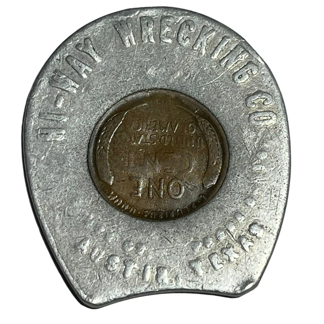 Hi-Way Wrecking Co. Horseshoe Encased Penny Austin Texas 1946 Never Go Broke