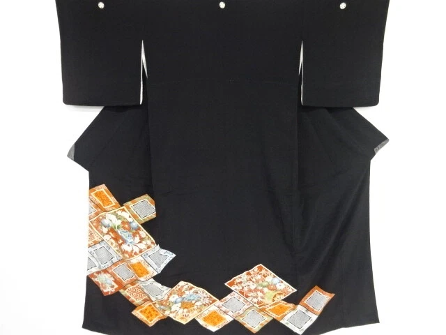 41710# JAPANESE KIMONO / ANTIQUE TOMESODE / EMBROIDERY / RHOMBUS WITH PEONY &amp
