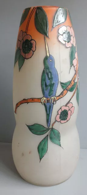 Ancien Vase En Verre Emaille Art Deco Avec Oiseau - Colibri ? - Leune - Ln 2592