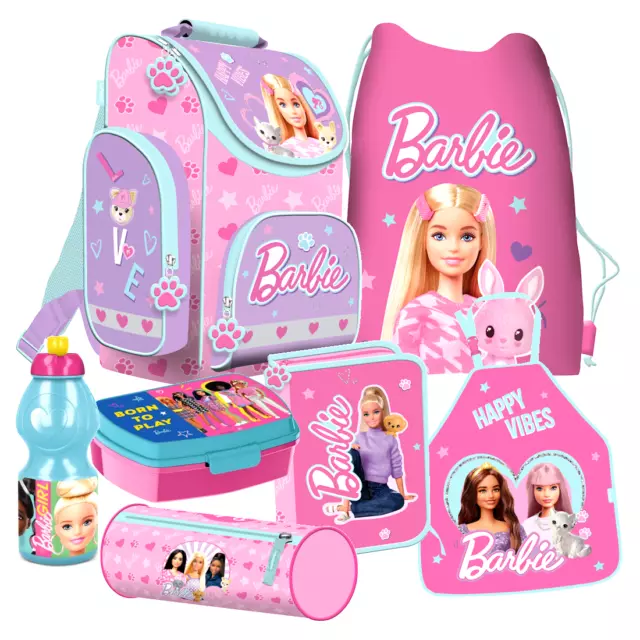 BARBIE Schulranzen 7 Teile Set Ranzen Federmappe Tornister Tasche Puppen Motiv