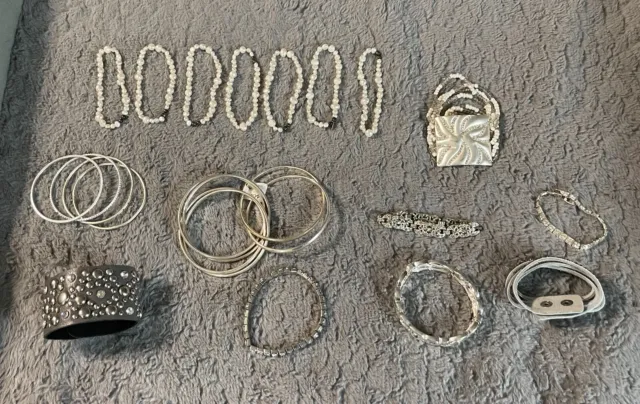 Silver Grey Pearl cuff bracelets - 10 various bracelets