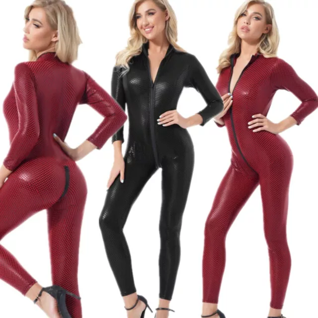 Femme Body en Cuir vernis Combinaison à Manches longues Zippé Catsuit +G-string