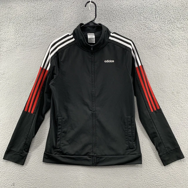 Adidas Jacket Youth XL Black White Red Zip Logo Pockets 3-Stripe Track Athletic