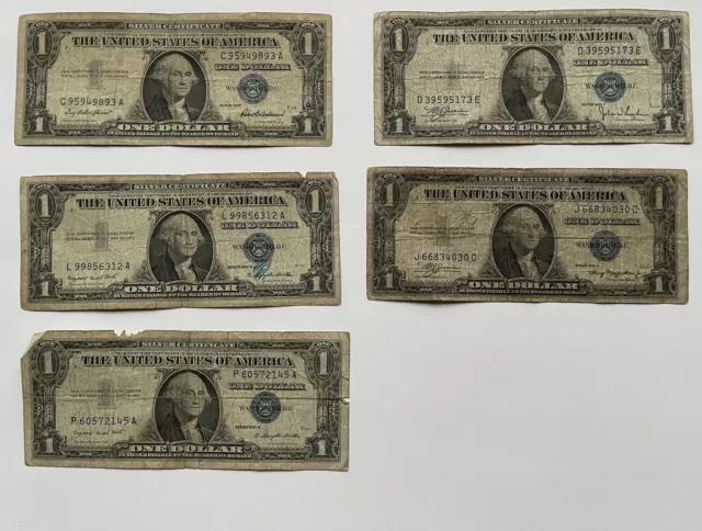 5 $5 Old Notes and 5 Silver Certificate $1 Various Conditions
