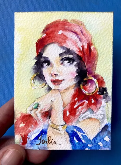 Aceo Card Original Watercolor Painting Woman Portrait Gypsy With a Red Scarf