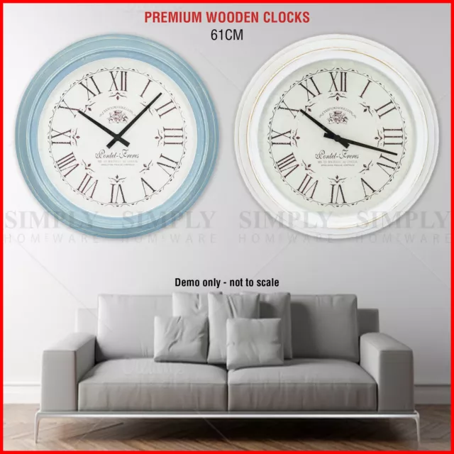Wall Clock Large Vintage Retro Wooden Roman Numerals Shabby Chic Silent 61cm