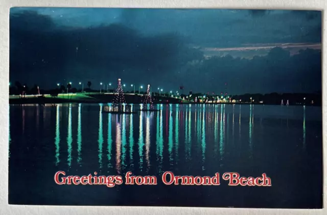Postcard Greetings from Ormond Beach Florida FL c1960s Night View