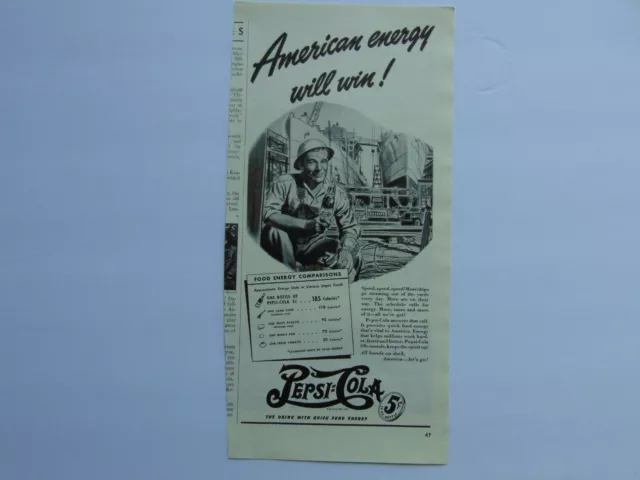 1942 PEPSI-COLA The Drink With Quick Food Energy 5-cents vintage art print ad