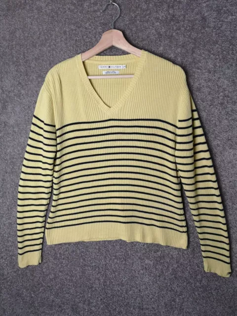 Tommy Hilfiger Vintage Yellow/Navy Striped Cotton V-Neck Jumper - Women's Large