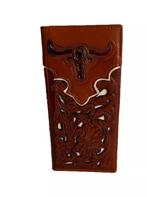 Men's leather wallet western wallets for men Longhorn tooled bi-fold long wallet