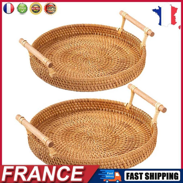 Handwoven Rattan Storage Tray with Handle Round Wicker Food Plate Fruit Basket f