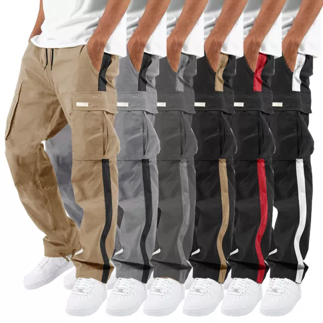 Men Cargo Joggers Pants Tapered Sports Work Trousers Side Pocket Bottoms