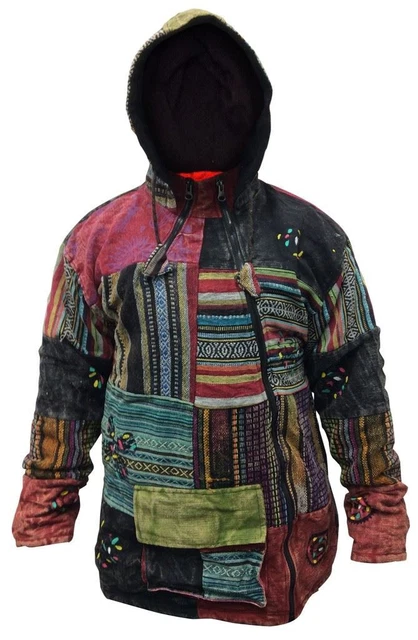 Men's Wool Patchwork Hippy Jacket – Fleece Lined, Boho Winter Zip Jumper Super Warm