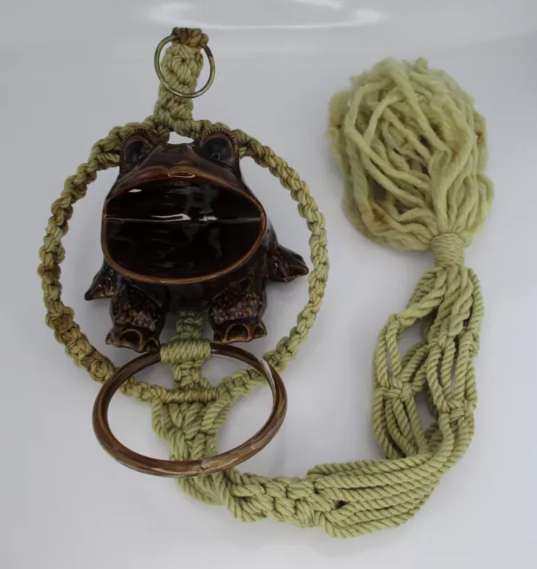 Vintage 70s Macrame Plant Hanger Brown Frog 37" Ceramic Hippie Boho