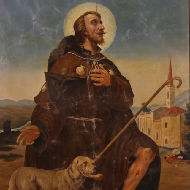 San Roque pintura oleo sobre lienzo cuadro religioso peregrinos perro plaga 900