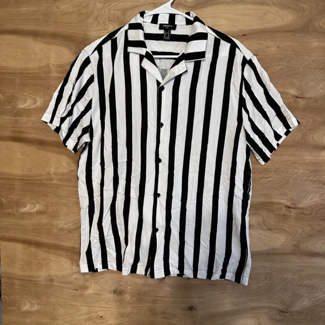 Forever 21 Mens Button Down BLACK white Striped Shirt Medium Beetlejuice