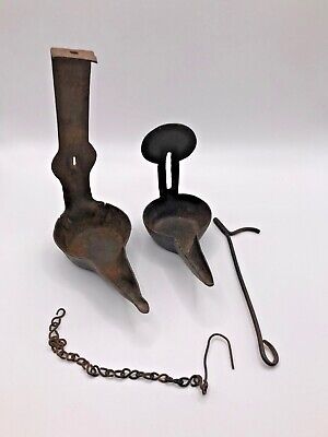 Set Rare Antique Wrought Iron Betty Grease Oil Lamps Chain + Hook Incl.