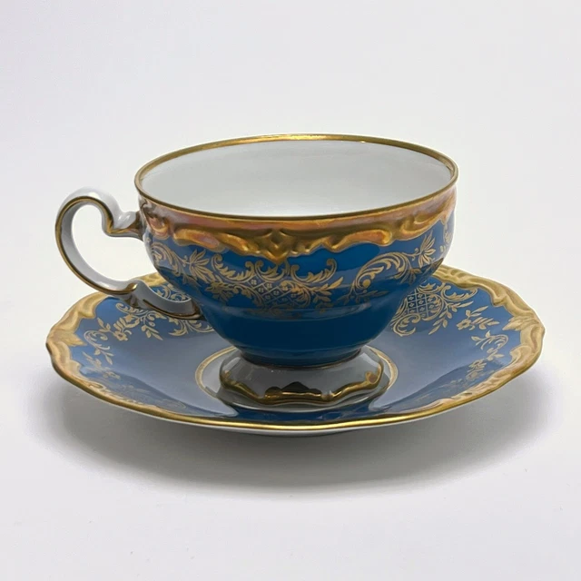 Weimar Porzellan Katharina Blue With Gild Tea Cup and Saucer Made In GDR