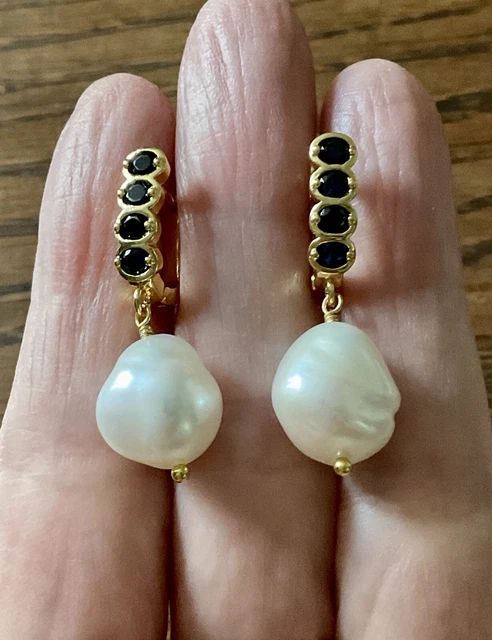 Boucles D'oreilles Anciennes En Perles Baroques Et Saphir - Plaqué Or - Occasion