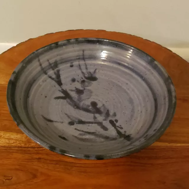 Studio Art Pottery Shallow Bowl Handmade Drip Glaze Signed  9.5" Gray Blue