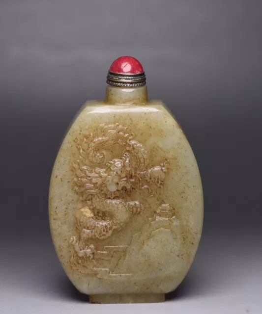 Chinese Antique Hetian Jade Snuff Bottle Carving Dragon Statue Collectibles Rare