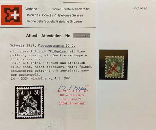 Schweiz 1919, Flugpostmarke Michel 145 (auf 107 mit Aufdruck), mit Attest