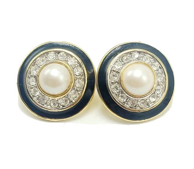 Marvella Stud Vintage Earrings Black Circle Rhinestones