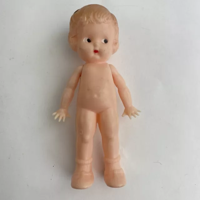 Vintage Knickerbocker Plastic Co 6” Girl Doll Movable Arms Hard Plastic Bow Loop