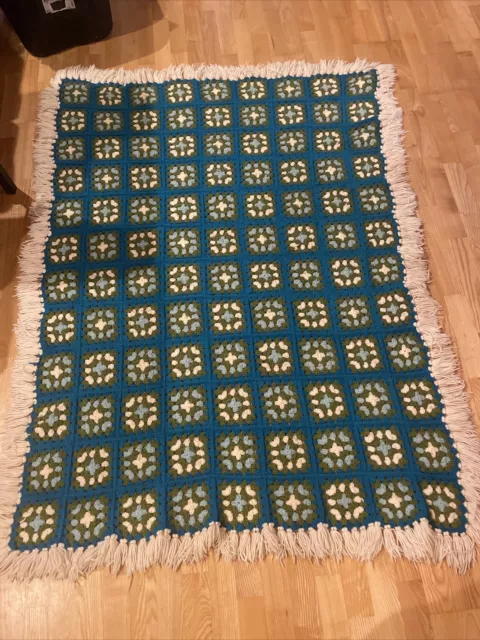 Vintage Handmade Teal Blue Afghan Throw Blanket Granny Square Fringe - 48” x 64”