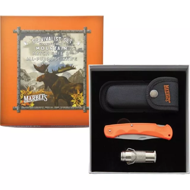 Marbles Grandfather Mountain Set Orange Lock Back Work Knife w/ Sheath Gift Box 3