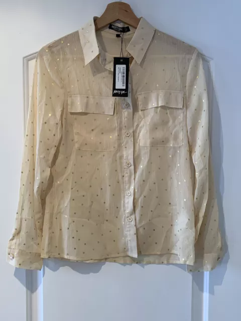 NWT Nasty Gal Button Blouse Long Sleeves Star Print Cream Gold Size 0