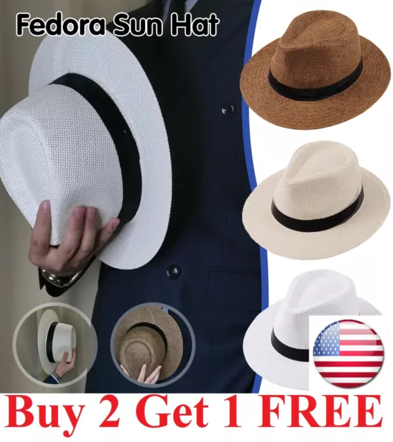 Men Women Straw Jazz Fedora Hat Trilby Cuban Sun Cap Panama Short Brim Summer