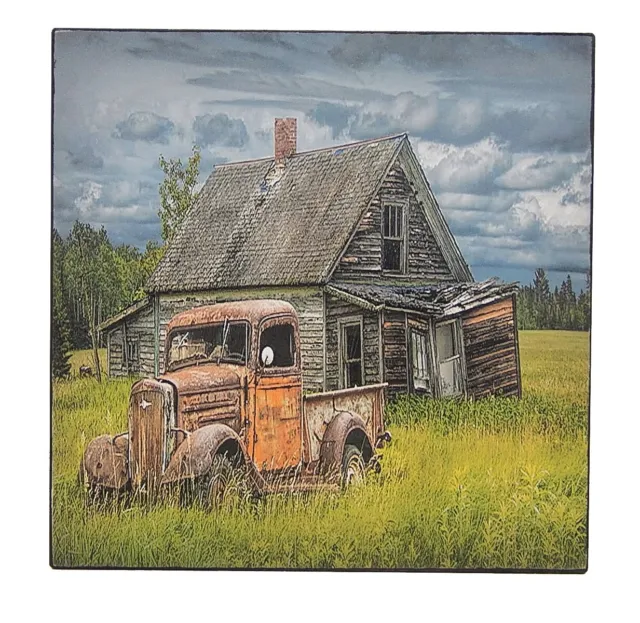 Vintage Old Truck And House Picture Print Sign Shelf Sitter Wall Art Decor 5"x5"