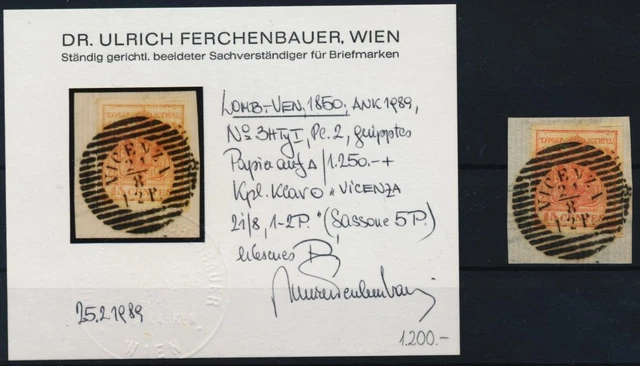 LOMBARDEI-VENETIEN 1850 15C, HP, Type I.! DEUTHICH GERIPPTES PAPIER! VICENZA/1-2