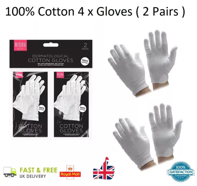 4 x 100% COTTON WHITE GLOVES Moisturising Eczema Butler Beauty Magician 2 Pairs