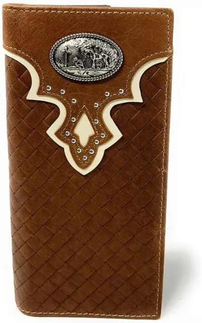 Western Genuine Leather Basketweave Praying Cowboy Metal Concho Mens Long Bifold