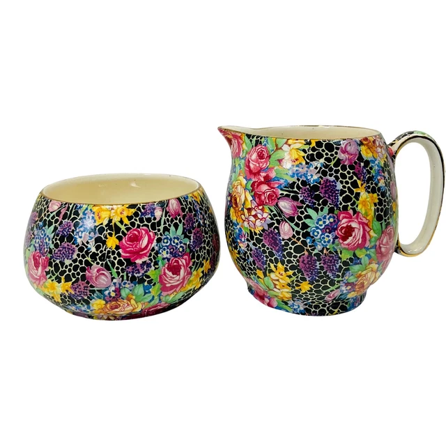 Hazel Chintz Royal Winton Grimwades England Milk Jug Pitcher Cream Sugar Bowl 2