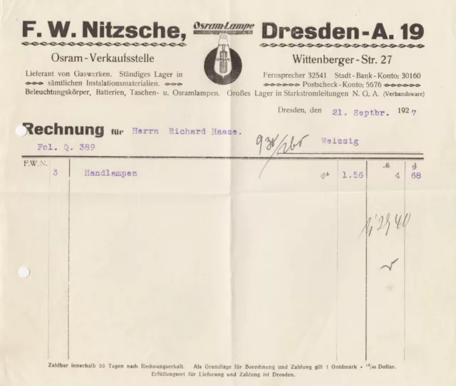 DRESDEN, Rechnung 1927, F. W. Nitzsche Osram-Lampe Osram-Verkaufsstelle